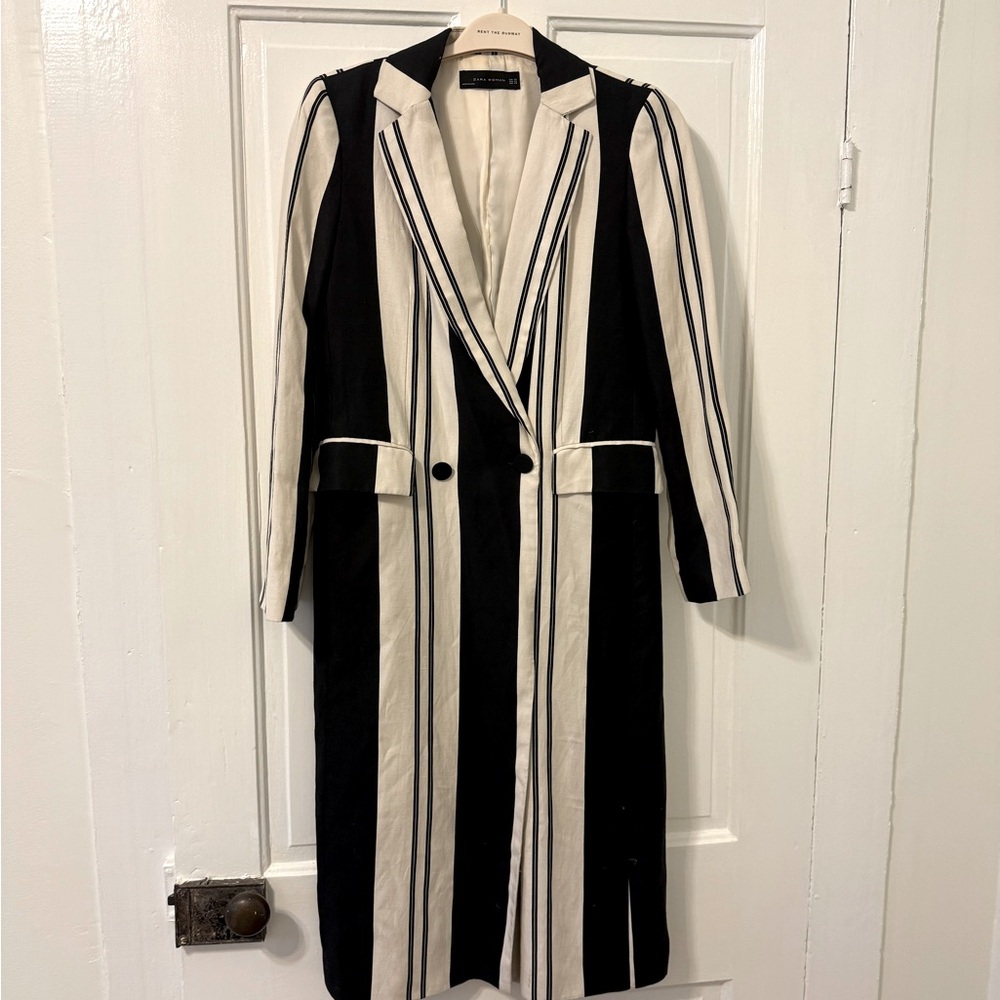Linen blend black and white long blazer coat Zara